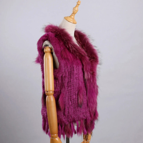 Color: Fuchsia, Size: XXL - Luxury Women's Genuine Premium Long Hair Rabbit Fur Knit Vest Raccoon F F640-12000038456018608