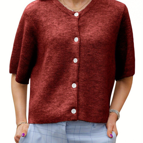 Color: Burgundy, Size: L - Women's Solid Color Short-sleeved Cardigan Round Neck Button Q119-CJMY247049115OL