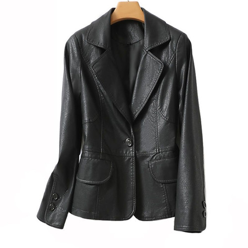 Color: Black, Size: 3XL - Elegant Sheep Leather Jacket Women's Suit Short Slim Fit Slimming Q119-CJYD219701305EV