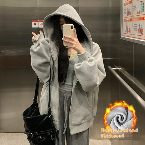 Color: Light Gray Velvet, Size: M - Women's Sweater Fleece Zipper Cardigan Hooded Coat Q119-CJWY246593105EV