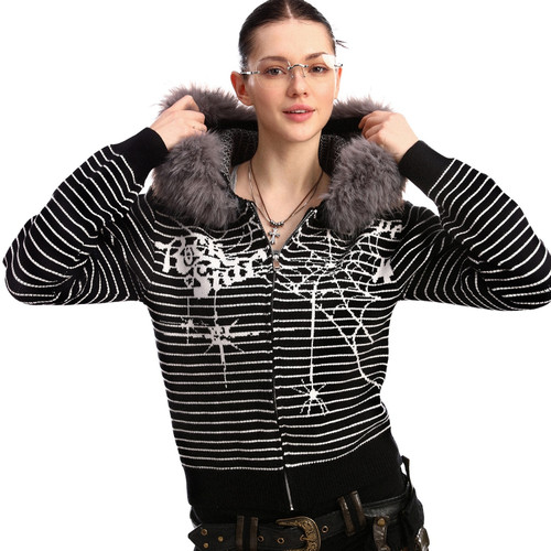 Women's Striped Spider Web Big Fur Collar Sweater Q119-CJYD2562292
