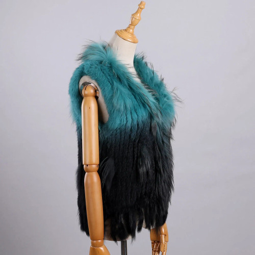 Color: Mint, Size: M - Luxury Women's Genuine Premium Long Hair Rabbit Fur Knit Vest Raccoon Fur Tr F640-12000038456018625