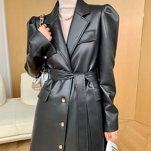 In The Long Leather Coat Women Over The Knee Strap Waist Q119-CJJK1603571