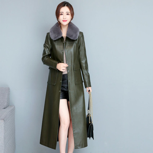 Color: Green fur collar, Size: 2XL - Ladies Fashion Thin Leather Trench Coat Coat Q119-CJZP160345385GT