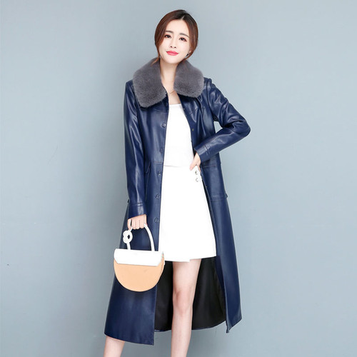 Color: Blue fur collar, Size: M - Ladies Fashion Thin Leather Trench Coat Coat Q119-CJZP160345373UF