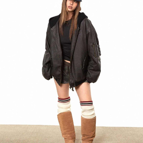 Color: Black Regular, Size: XXL - Vintage Distressed Leather Coat Hooded Cotton Jacket Q119-CJPK225024304DW