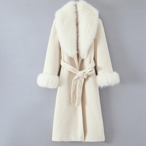 Women's Clothing Big Fur Collar Belt White Woolen Long-cut Coat Q119-CJYD2561009