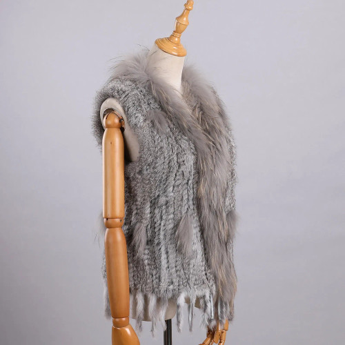 Color: WHITE, Size: XL - Luxury Women's Genuine Premium Long Hair Rabbit Fur Knit Vest Raccoon Fur  F640-12000038456018697