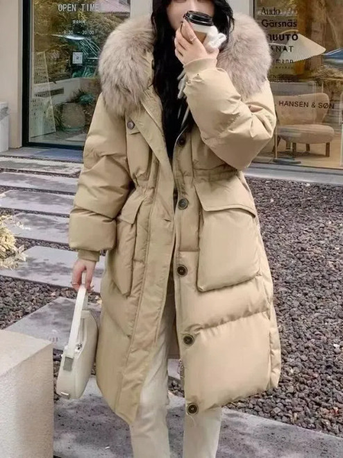 Color: Khaki, Size: M - Down Jacket Women Waterproof Winter Long Puffer Jacket 2024 Real Raccoon Fu F640-12000040017252123