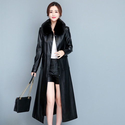 Color: Black fur collar, Size: 6XL - Ladies Fashion Thin Leather Trench Coat Coat Q119-CJZP160345353AZ