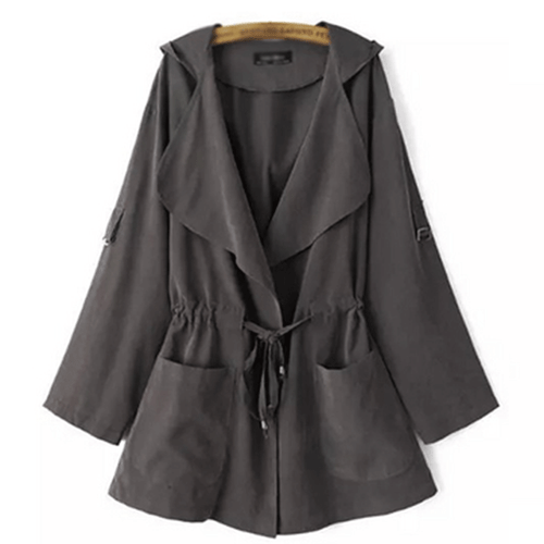 Color: Grey, Size: XXL - Solid color hooded trench coat Q119-CJNSWTFY00379-Grey-XXL