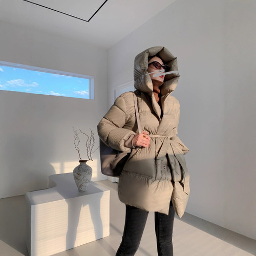 White Duck Down Coat Women's Mid-length Fashionable Tie-waist Thickened Puffer Jacket Q119-CJYD2600326