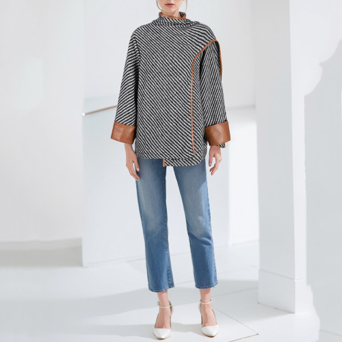 Women's Autumn And Winter Maillard Scarf Collar Striped Woolen Coat Q119-CJQB1955415