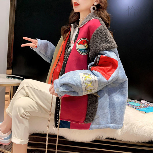 Women's Winter Loose Plus Size Lamb Wool Stitching Denim Coat Q119-CJYD1964410