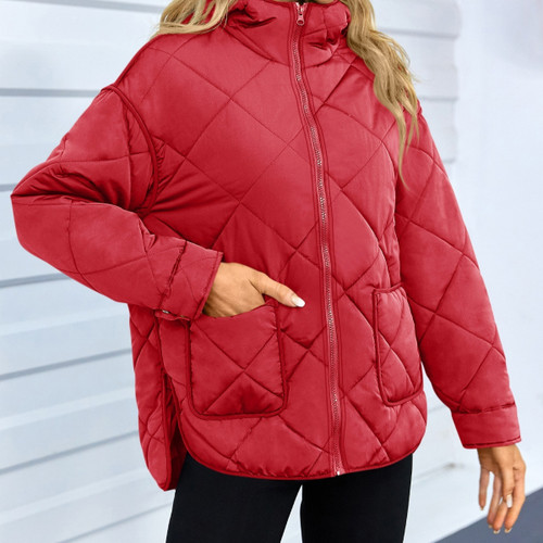 European And American Solid Color Fashion Diamond Lattice Large Pocket Split Cotton Jacket Q119-CJJK2551141