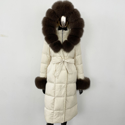Color: Beige Dark Coffee, Size: XL - Thickened Long Section White Goose Down Slim Fit Women's Coat Q119-CJYD245180479AZ