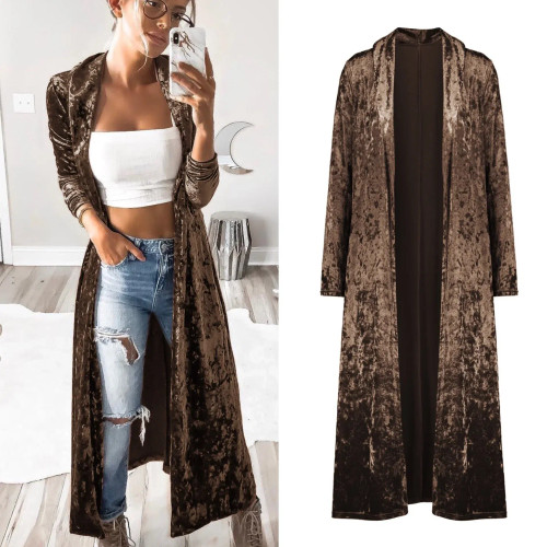 Color: Beige, Size: XXL - 2024 Long Velvet Kimono Cardigan Windbreaker Women Jacket Pure Color Fash F640-12000043306215594