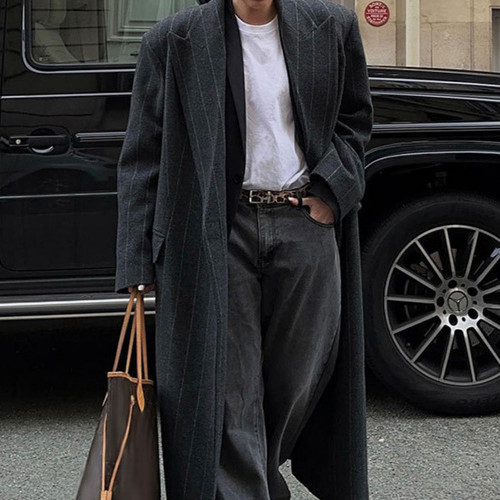 Lapel Long Sleeve Long Overcoat Outerwear Temperament Commute Stripes Q119-CJQB2161665