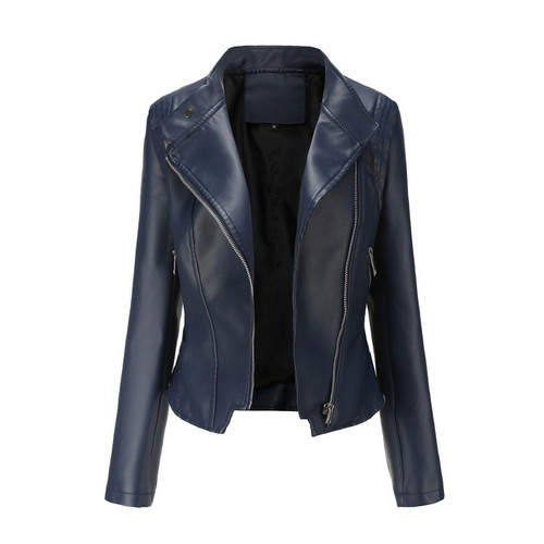 Color: Dark Blue, Size: EU XL - PU Lapel Women Slim-fit Leather Coat Women Q119-CJYD210764824XC