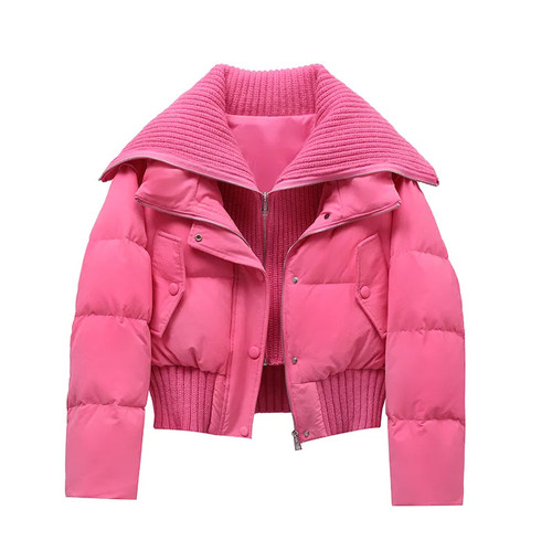 Color: Rose Red, Size: M - Designer Knit Patchwork Large Lapel Cotton Coat For Women Q119-CJJK262669110JQ