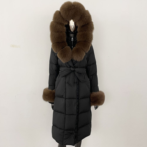 Color: Black Dark Coffee, Size: S - Thickened Long Section White Goose Down Slim Fit Women's Coat Q119-CJYD245180401AZ