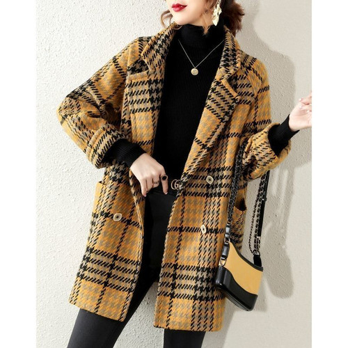 Color: Yellow, Size: 3XL - Buckle Lapel Long Sleeve Fashion Hepburn Style Woolen Coat Q119-CJQB257226505EV