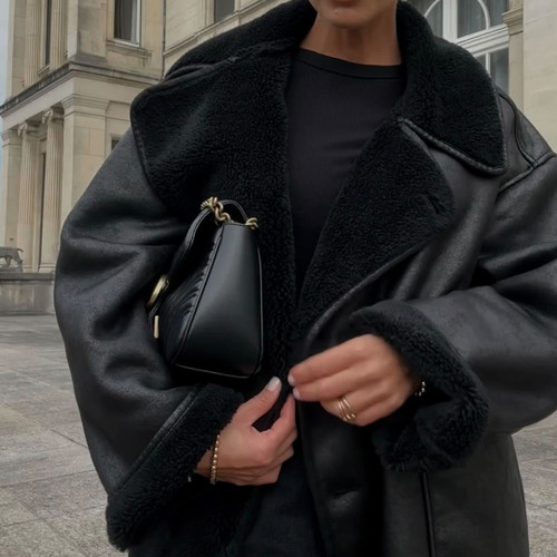 Retro Black Turn-down Collar Loose Fur Coat Q119-CJQB2185541