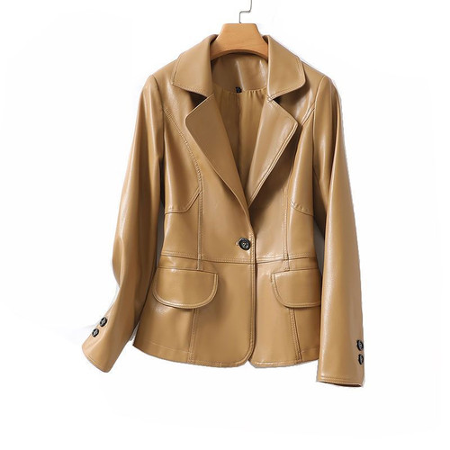 Color: Yellow, Size: L - Elegant Sheep Leather Jacket Women's Suit Short Slim Fit Slimming Q119-CJYD219701314NM