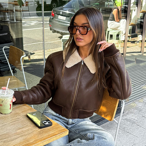 Solid Color Faux Leather Knitted Fur Lapel Zipper Basic Style Street Fashion Q119-CJYD2180543