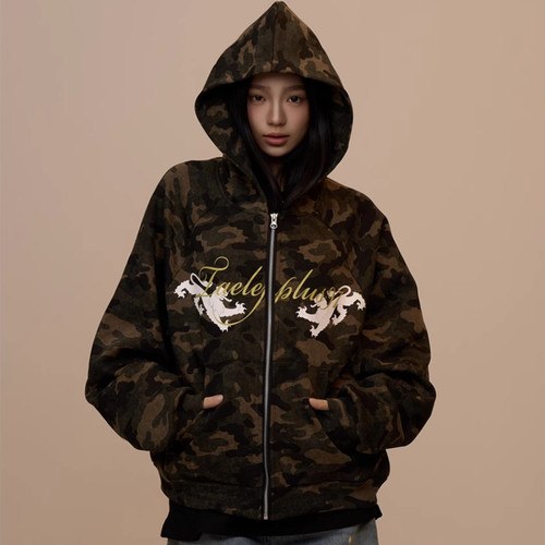 Camouflage Hooded Sweater Cardigan Female Baggy Coat Q119-CJWY2288524