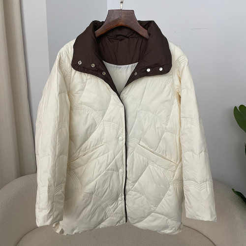 Color: Beige, Size: M - Women's Mid-length White Duck Down Retro Loose Xiangyun Stand Collar Coat Q119-CJYD256493710JQ