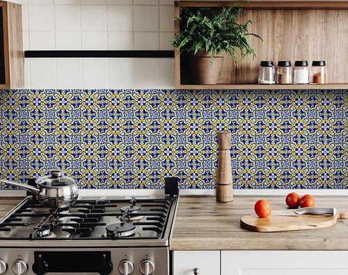 6" X 6" Blue and Yellow Links Peel And Stick Tiles N270-400092