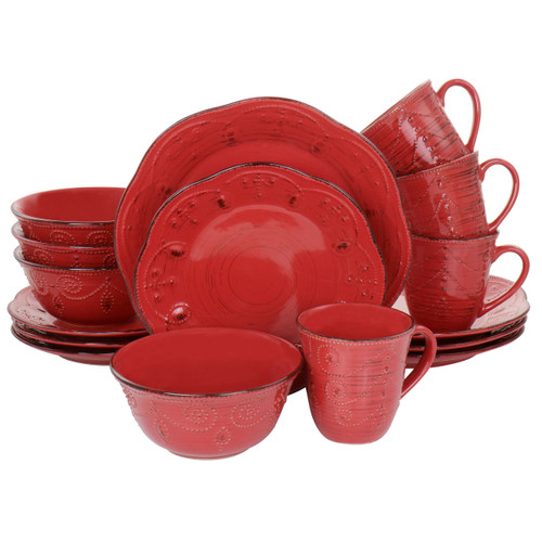 Elama Rustic Birch 16 Piece Stoneware Dinnerware Set in Red D970-EL-RUSTICBIRCHRED