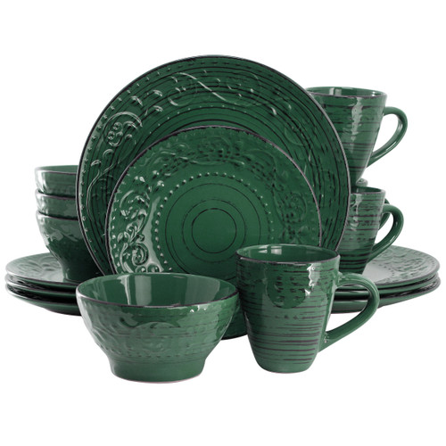 Elama Malibu Sea Glass 16-Piece Dinnerware Set in Dark Green D970-ELM-MALIBU-SEA-GLASS