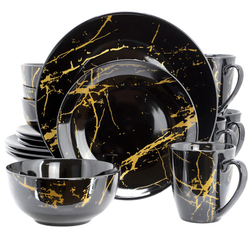 Elama Fine Marble 16 Piece Porcelain Dinnerware Set in Black with Gold Veining D970-EL-FINEMARBLE-BK-GLD