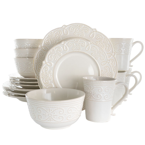 Elama Luna 16 Piece Embossed Scalloped Stoneware Dinnerware Set in White D970-EL-LUNA16
