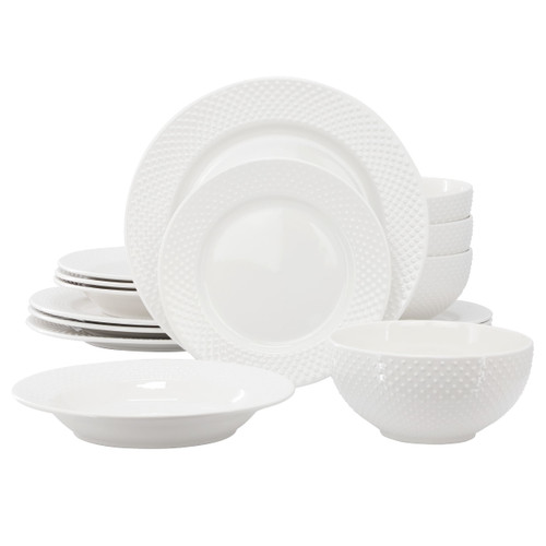 Elama Kim 16 Piece Hobnail Double Bowl Porcelain Dinnerware Set in White D970-ELM-KIM16