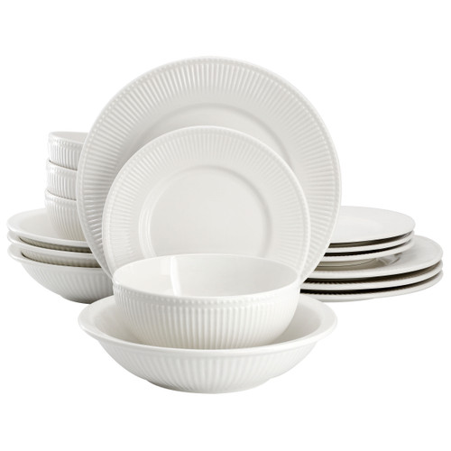 Elama Kate 16 Piece Textured Trim Double Bowl Porcelain Dinnerware Set in White D970-ELM-KATE16