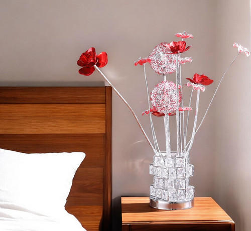 21" Silver and Clear Metal and Faux Crystal Geometric And Roses Bedside Lamp N270-568837