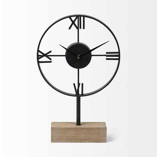 Black Metal Wood Desk  Table Clock With Open Metal Frame N270-376228