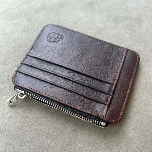 Color: Coffee - Genuine Leather Designer Card Holder Wallet Slim Credit Card Sleeves with Zipper Co F640-12000040591982793