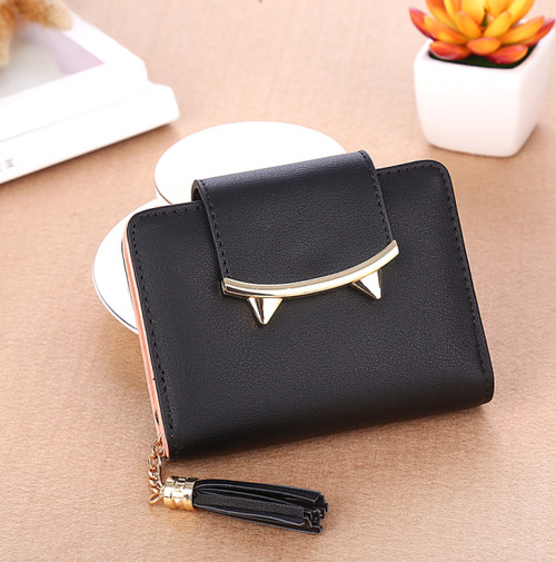 Color: A Black - Cute Cat Ears Leather Short Tassel Women Wallet Small Day Clutch Trifold Female Pu Q119-CJBHNSNS03600-A Black