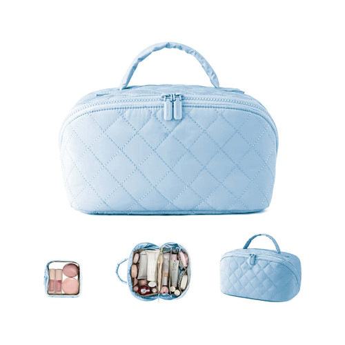 Color: AZURE BLUE - Quilted And Puffy 2PC Cosmetic and Jewelry Organizer With Toiletry Bag K290-52772218241297