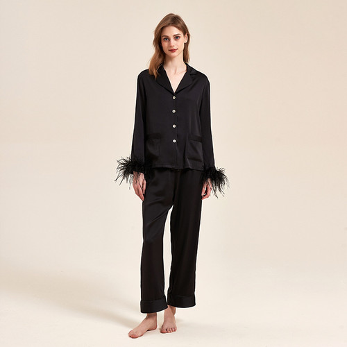 Color: Black Comes With High Quality, Size: XL - Removable Feather Ice Silk Pajamas Women Ostrich F Q119-CJYD215120813MN