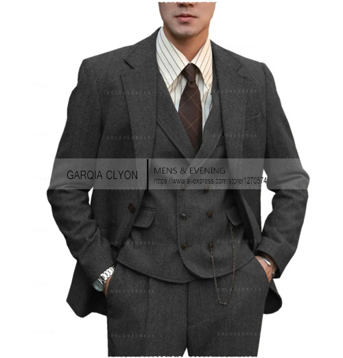 Color: black, Size: M - Tweed Herringbone 3 Pieces Herringbone Men's Business Suits Single Breasted F640-12000034820820623