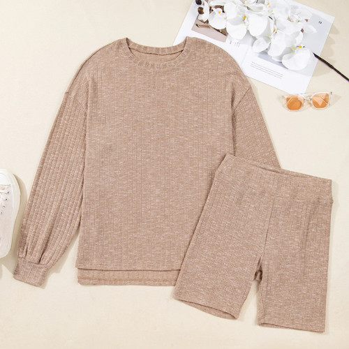 Dark Khaki Ribbed Lantern Sleeve Sweater And Motorcycle Knit Shorts Set Q119-CJLS2585110