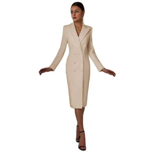 Color: Beige, Size: XXXL - Women's Suit Long Blazer Double Breasted Jacket White Tuxedo Party Point F640-12000034662156373