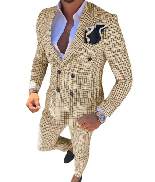 Color: Khaki, Size: One Size - High Quality 2024 Peak Lapel Men Suits One Button Groom's Wedding Su F640-12000043088442185