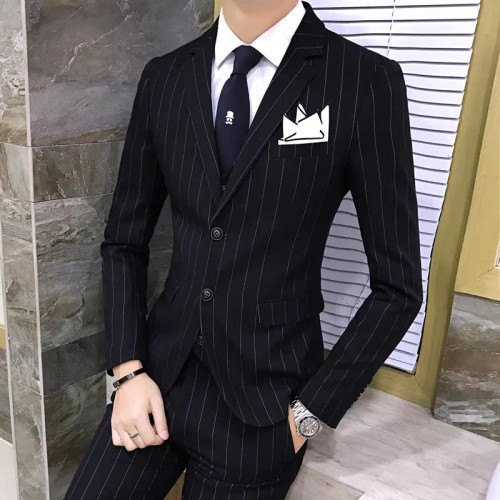 Color: Navy Blue, Size: XXL - Gray Men Classic Striped/Checked Suits, Business Office 3 Piece, Asia F640-12000042022812242
