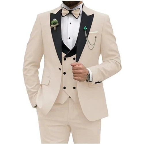 Color: Khaki, Size: XXL - Men Suit Colorful Luxury Blazer Vest And Pant Sets 3 Piece Birthday Dress F640-12000042434130531